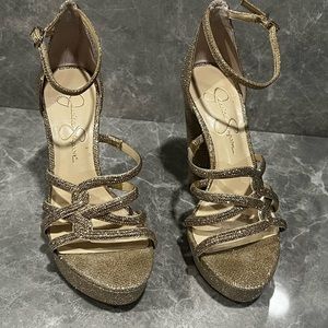 Jessica Simpson platform block, heeled, sandals, gold sparkles